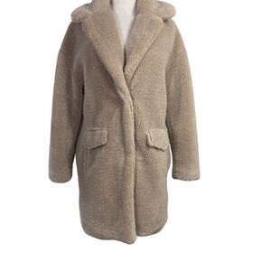 BCBG beige faux fut coat w/shimmer knee length XS